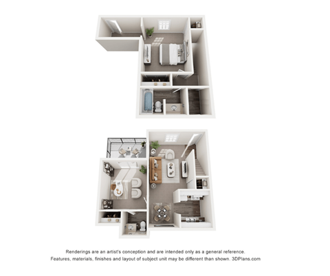 A 3D floor plan of a house with two bedrooms, a living room, a kitchen, and a bathroom.